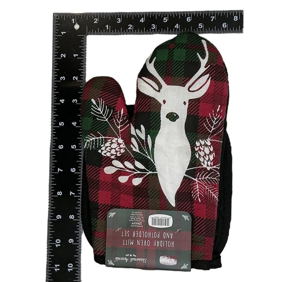 Holiday Deer Argyle Cotton Oven Mitt Potholder Set Christmas Winter Seasonal - Picture 6 of 16
